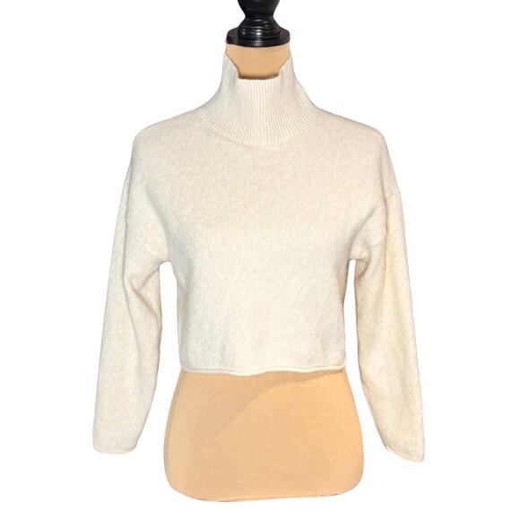 Aritzia Babaton Cashmere Crop Sweater Sz XS Ivory Mock Neck Minimalist Classic - Picture 1 of 10